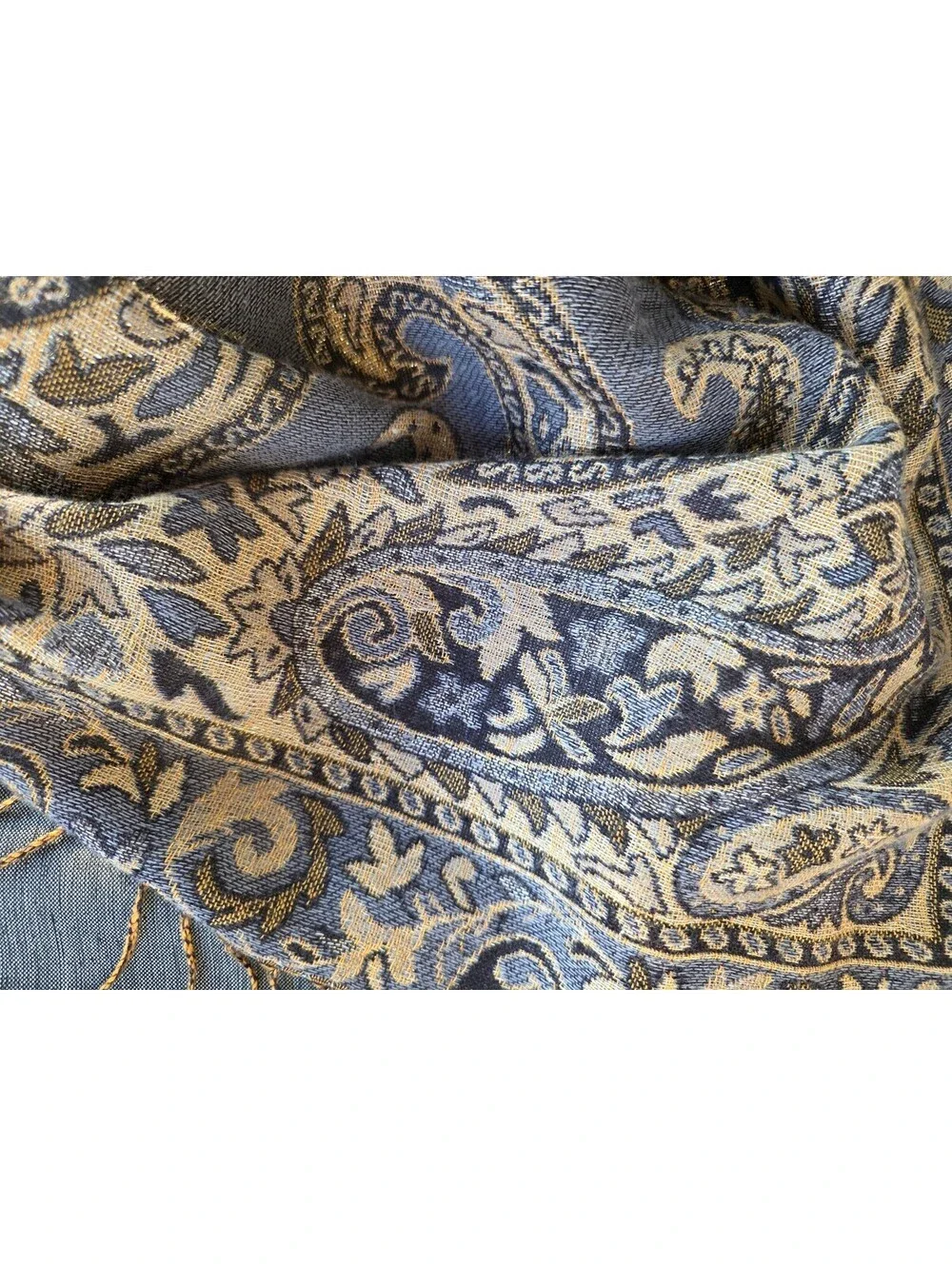 Elegant Gold and Black Paisley Patterned Shawl or scarf with Fringe Edges